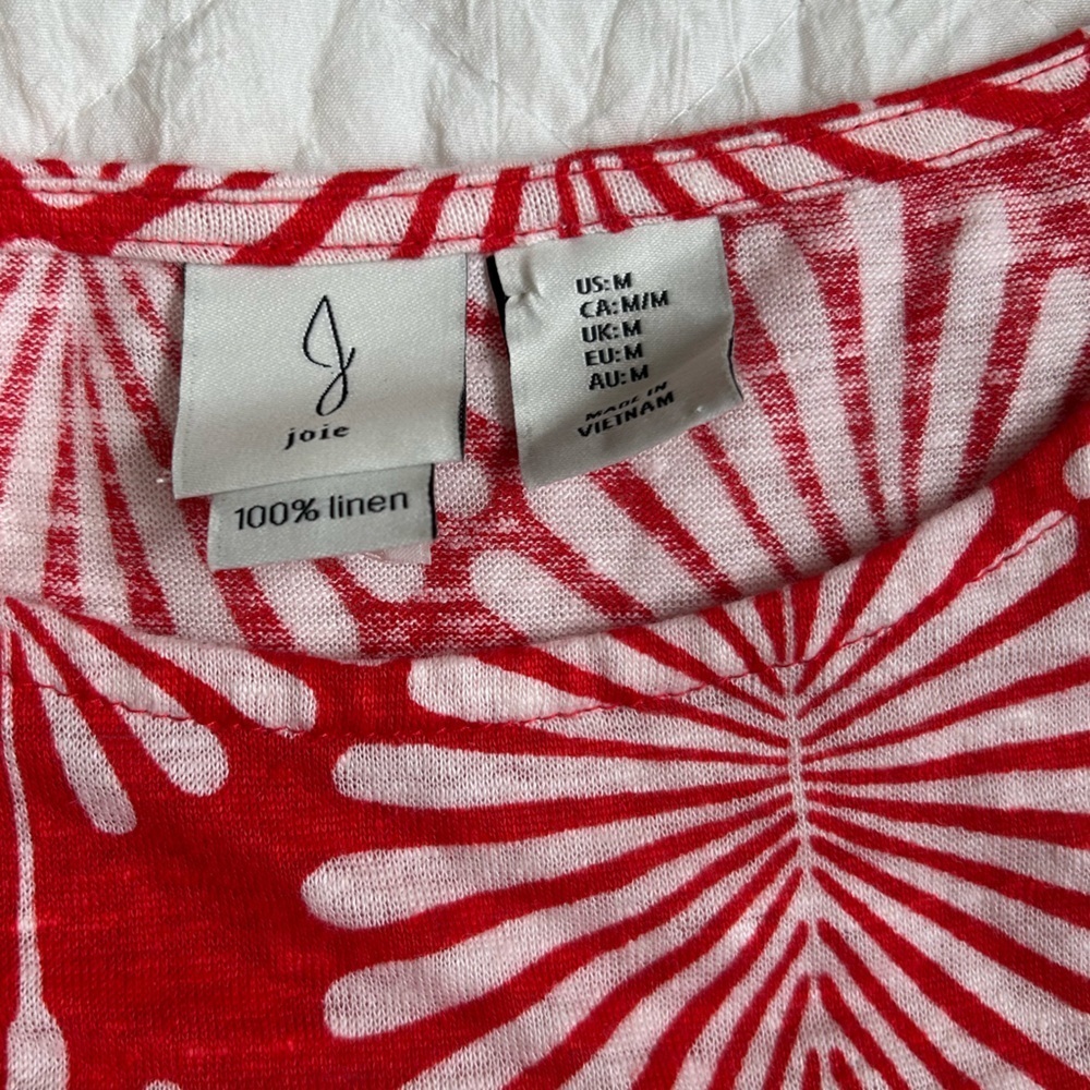 Joie Red and White Graphic Short Sleeve Top 100%Linen - Picture 2 of 5